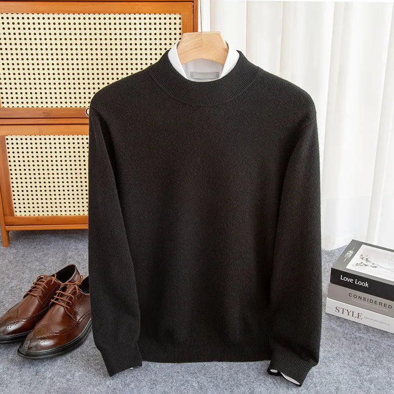 Men's half-collar loose fit wool sweater in rough yarn construction showing light business style
