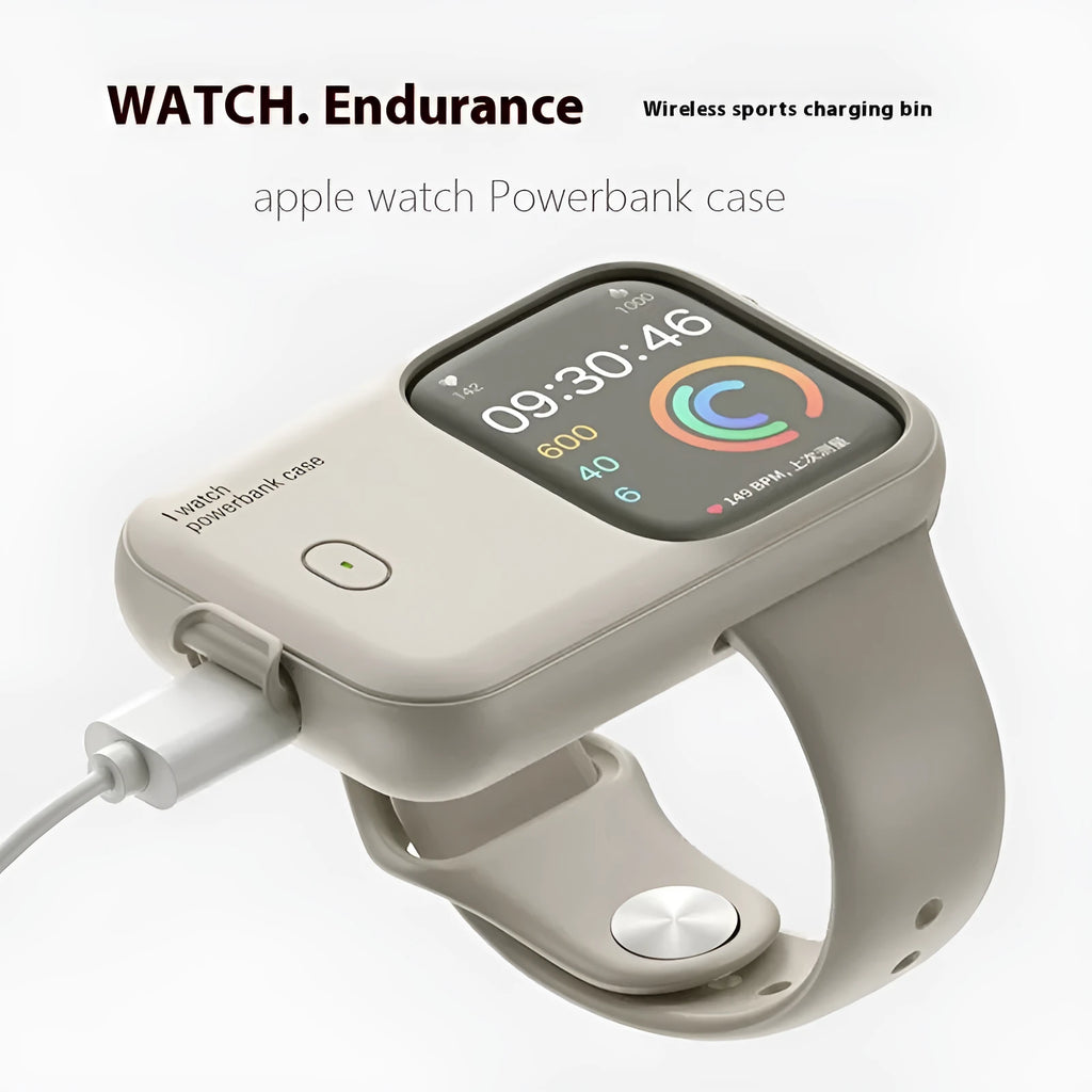Apple Watch portable charging case in Brown, Midnight Blue, or Starlight colours with 1200mAh battery