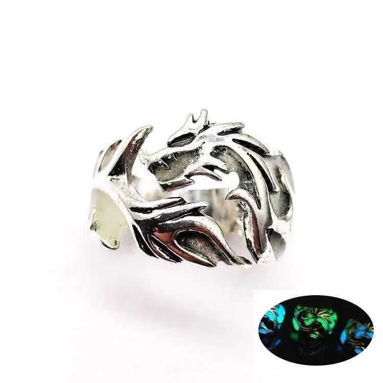Chinese style luminous dragon pattern adjustable ring in antique silver blue and green metal.