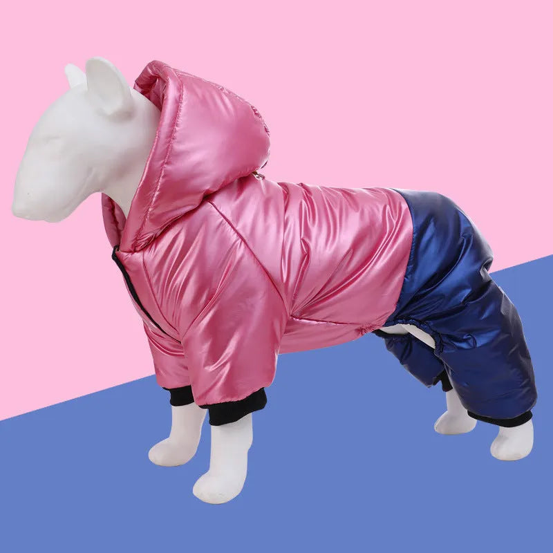 Green waterproof windproof dog winter coat with four-legged design and cotton construction