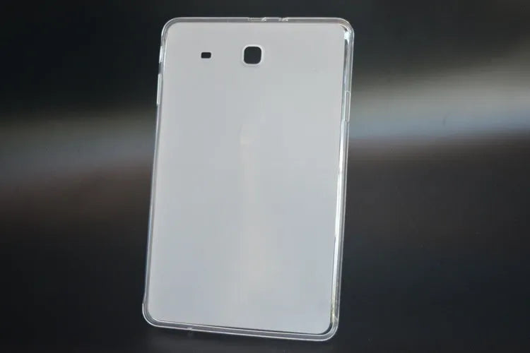 Clear ultra-thin silicone protective case for a tablet, showing minimalist design and TPU bumper.