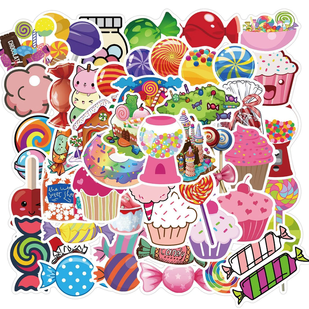 Pack of 50 pink candy-themed graffiti and cartoon stickers on a white background.