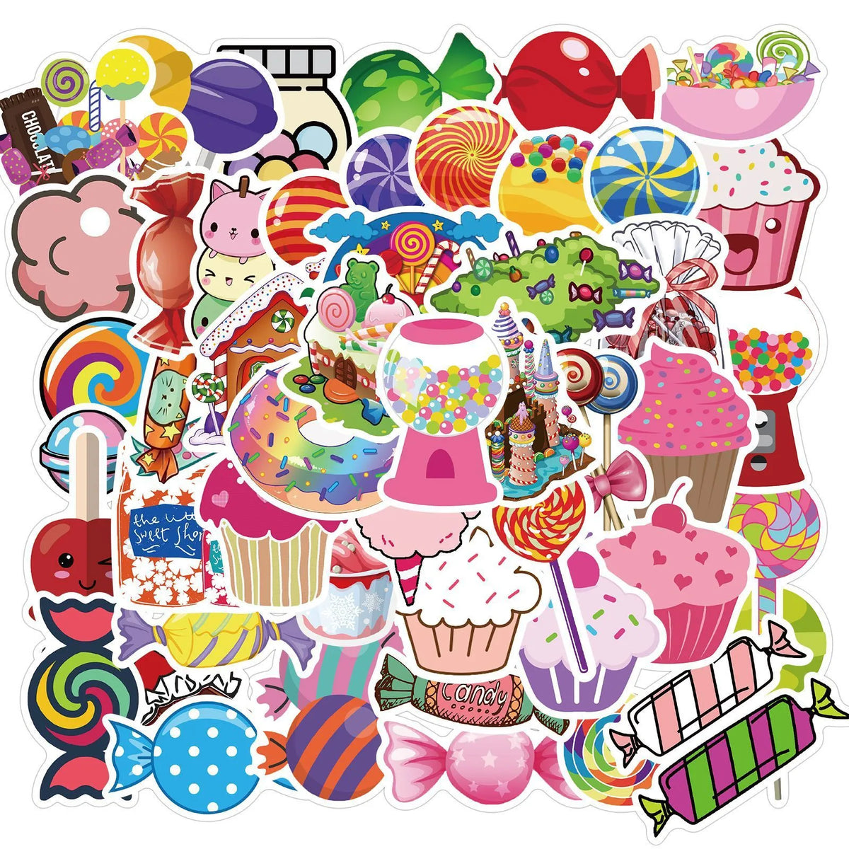 Pack of 50 pink candy-themed graffiti and cartoon stickers on a white background.