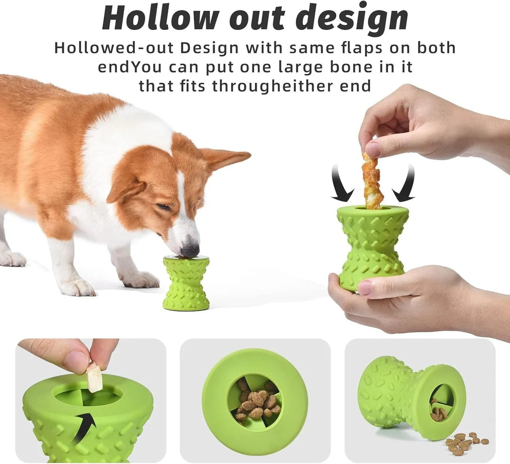 Blue durable rubber dog chew bone toy with hollow treat-dispensing centre and leakage holes.