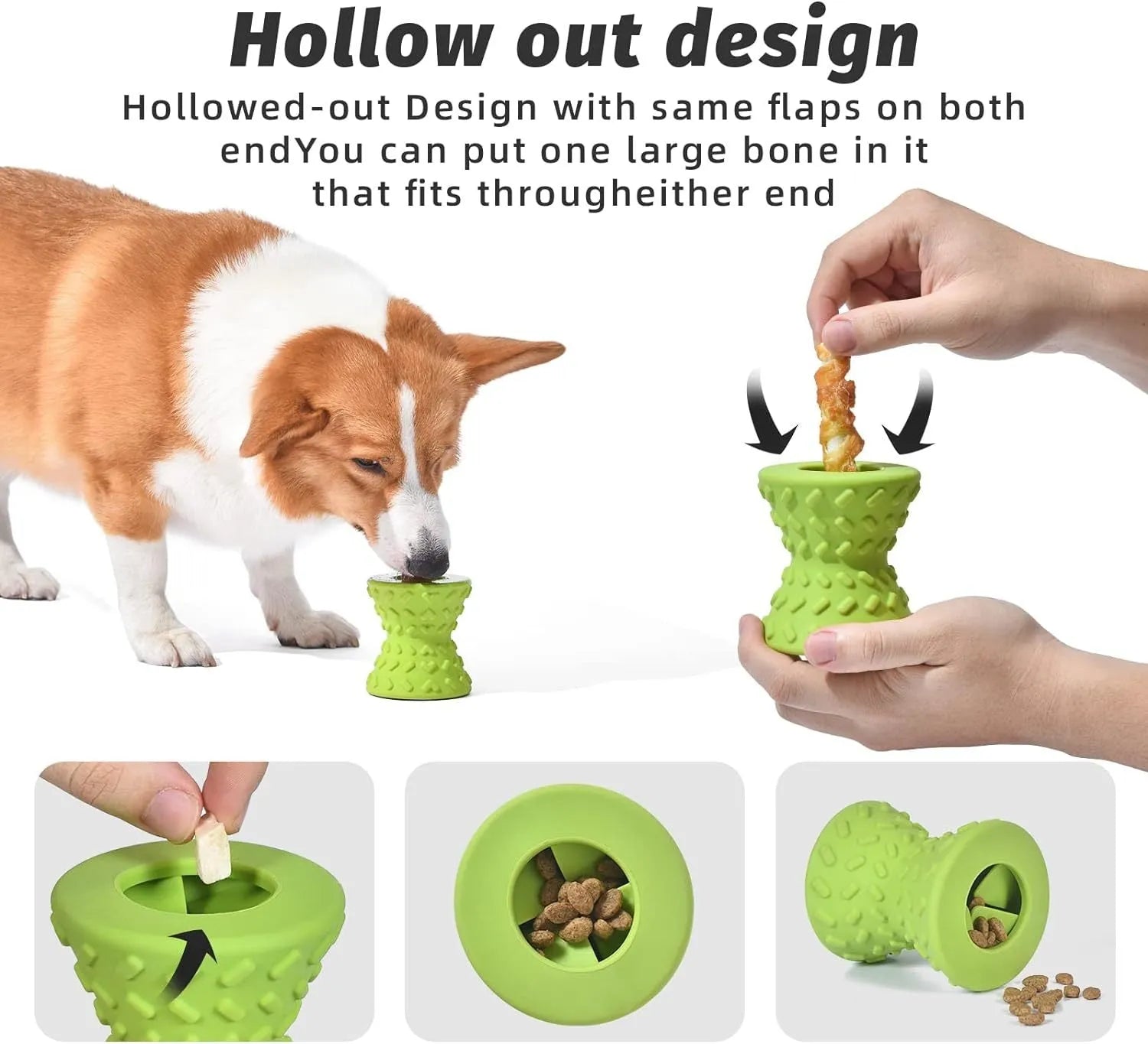 Blue durable rubber dog chew bone toy with hollow treat-dispensing centre and leakage holes.