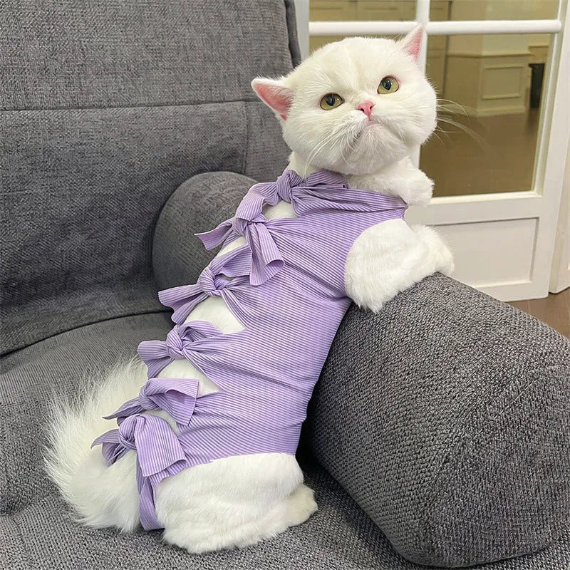 Lace-up cat sterilisation recovery garment in blue, showing adjustable ties and full torso coverage.