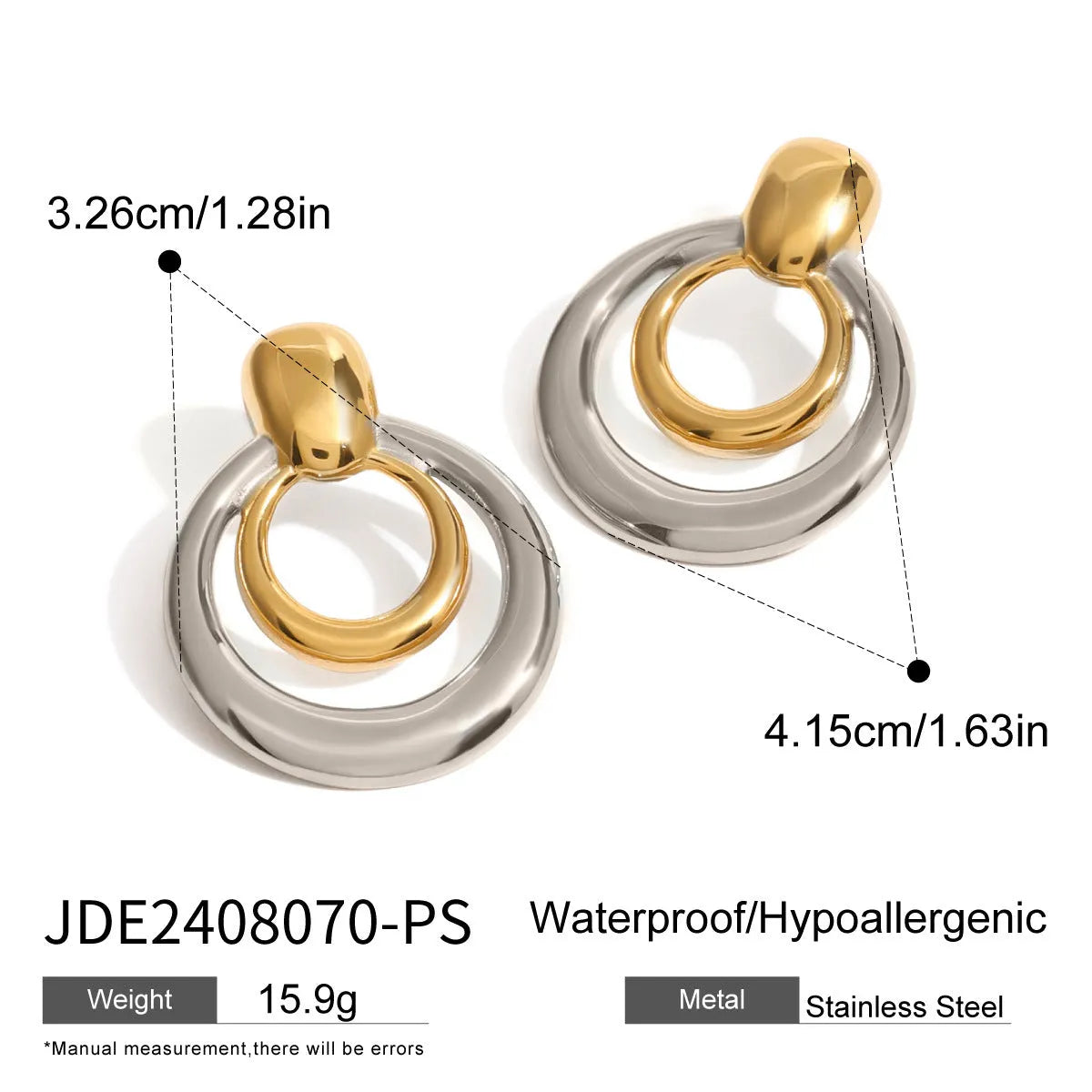 Golden round double-layer hollow stud earrings with geometric design on titanium steel