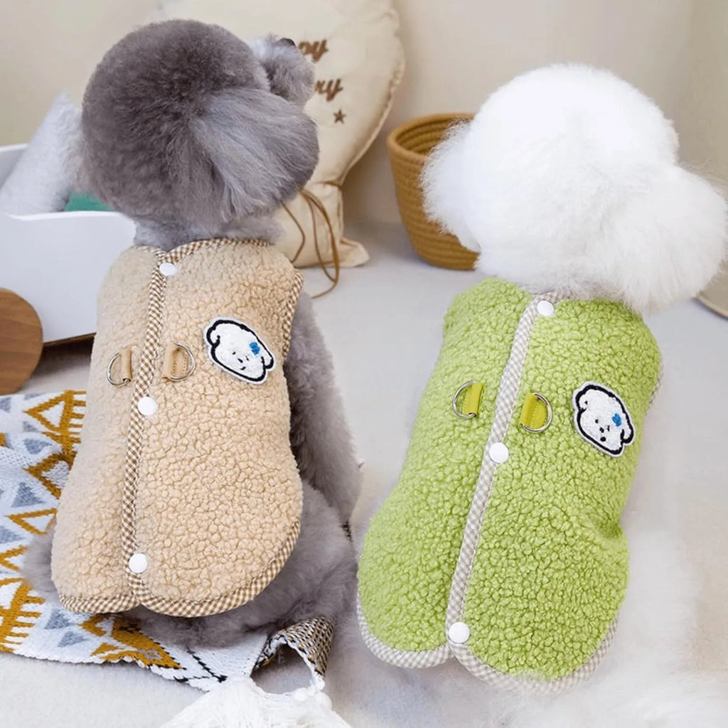 Green coral fleece dog sweatshirt vest with leash ring for small pets