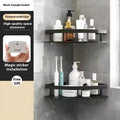 Black metal wall-mounted bathroom storage rack with punch-free installation and double-layer triangular shelves