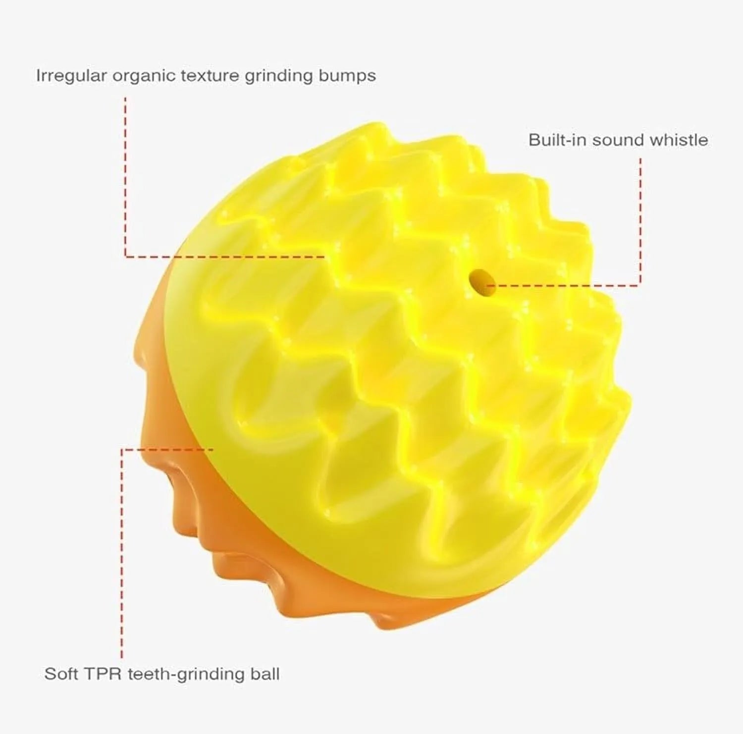 Blue and orange durable rubber squeaky dog ball with spiky texture for teeth cleaning.