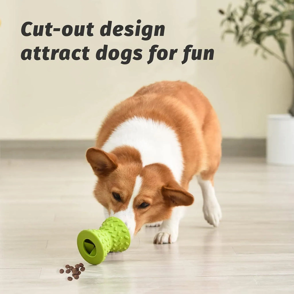 Blue durable rubber dog chew bone toy with hollow treat-dispensing centre and leakage holes.