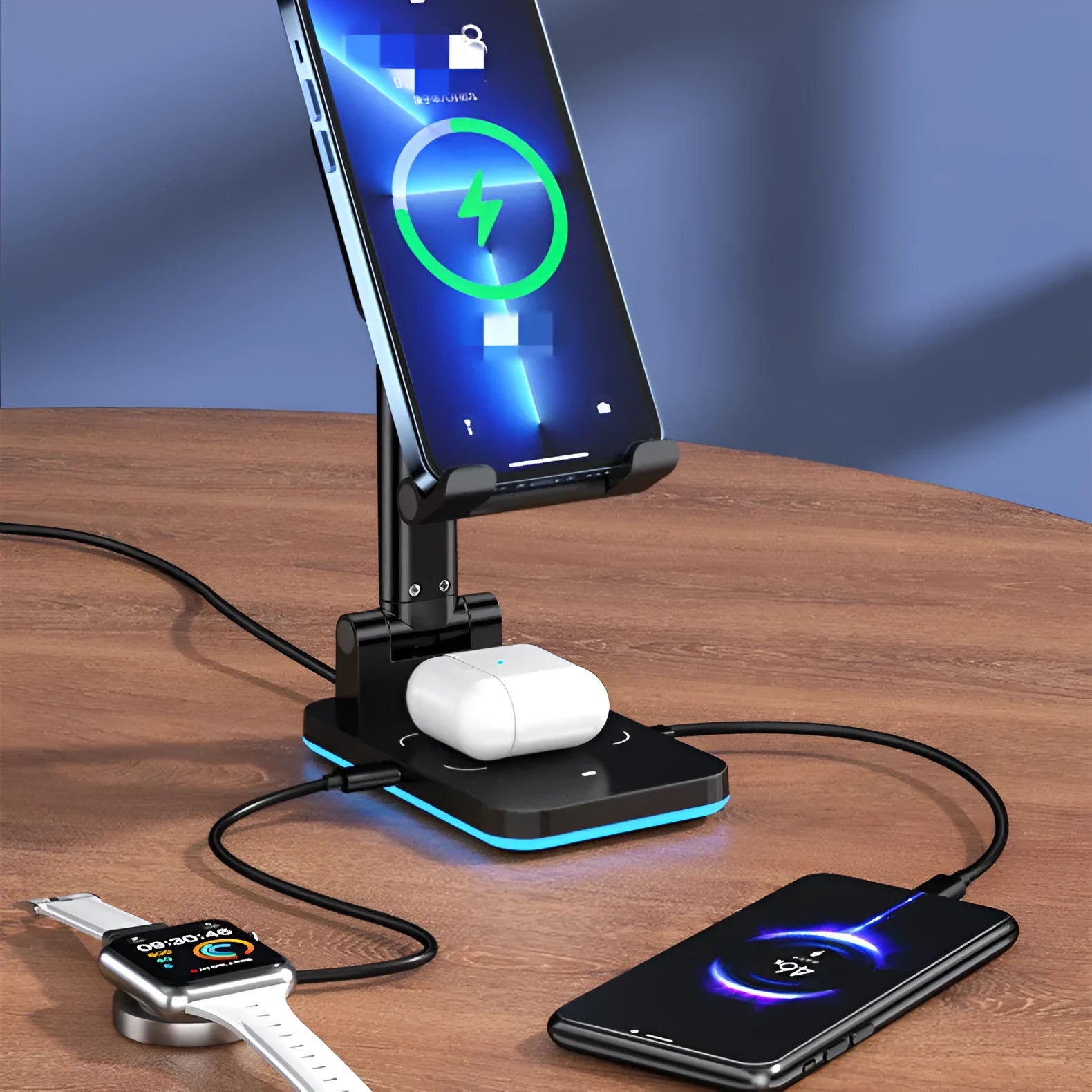 Cool black desktop wireless charging phone stand holding mobile phone at angle