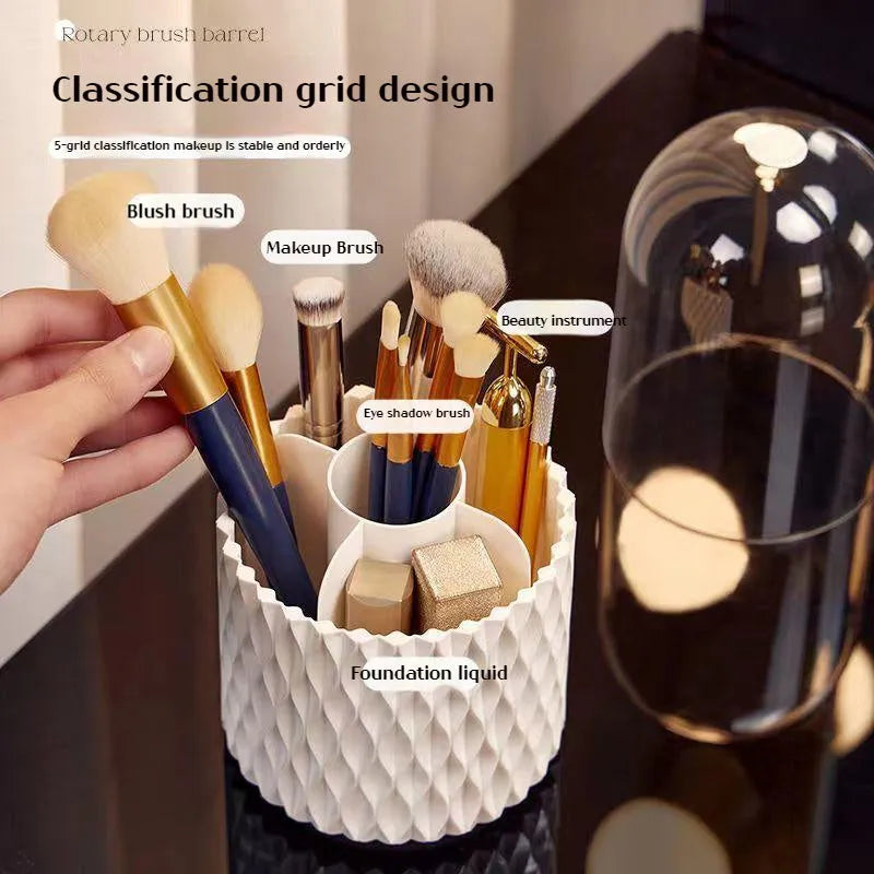 White rotating acrylic makeup brush storage box with transparent cover and split compartments