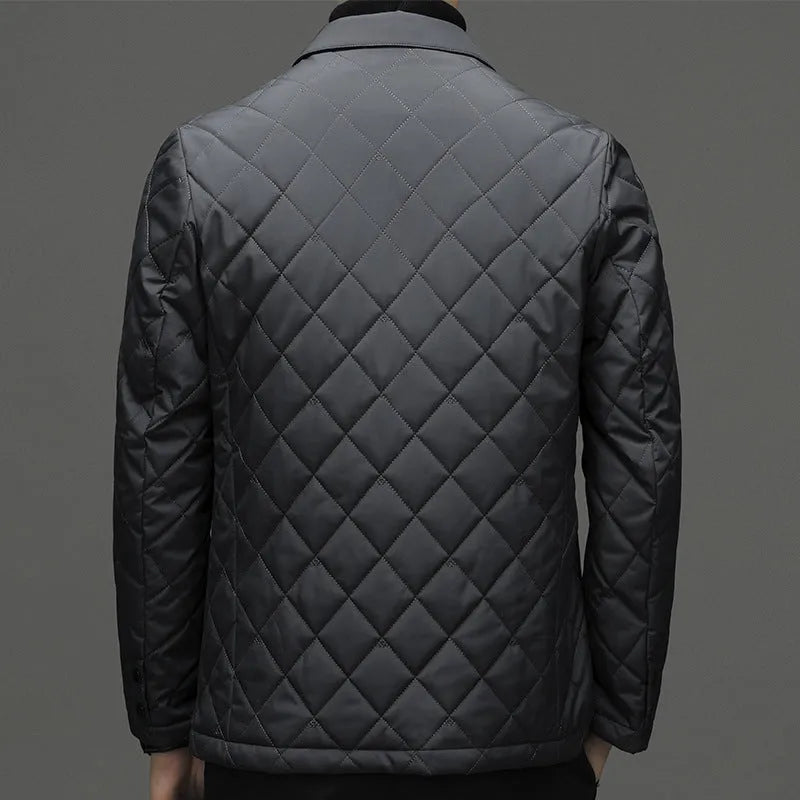 Men's black lapel-style down jacket with side seam pockets on a solid colour background.