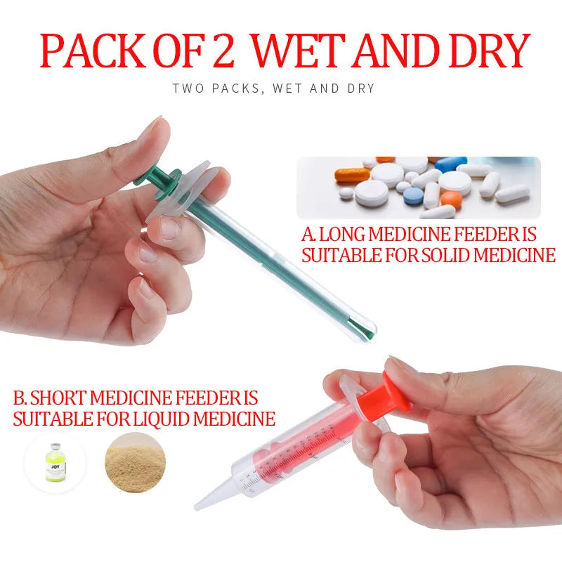 Two white pet pill shooter dispensers with soft silicone tips and push rods for administering tablets to cats and dogs.