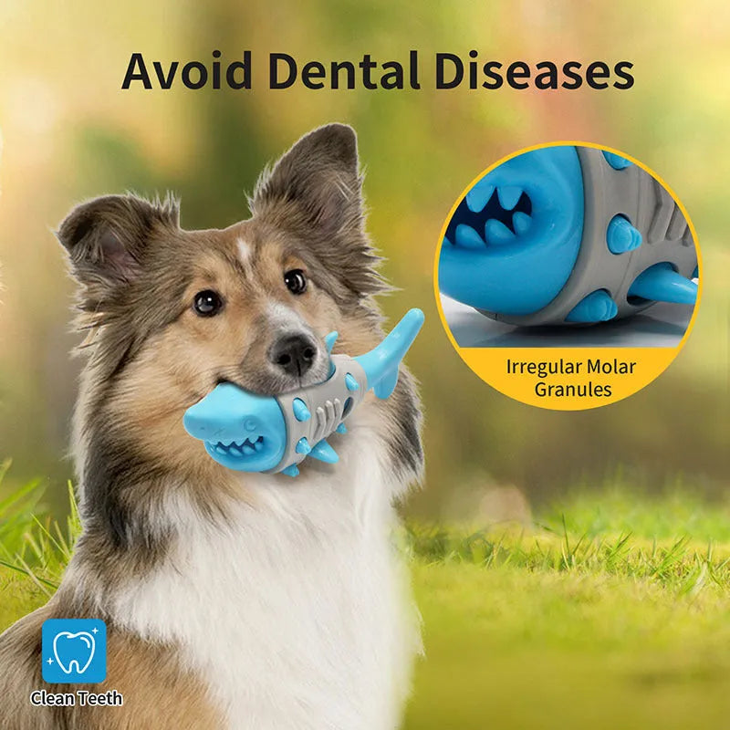 Blue, grey, and yellow dog teething toy with shark-tooth cleaning mimicry design