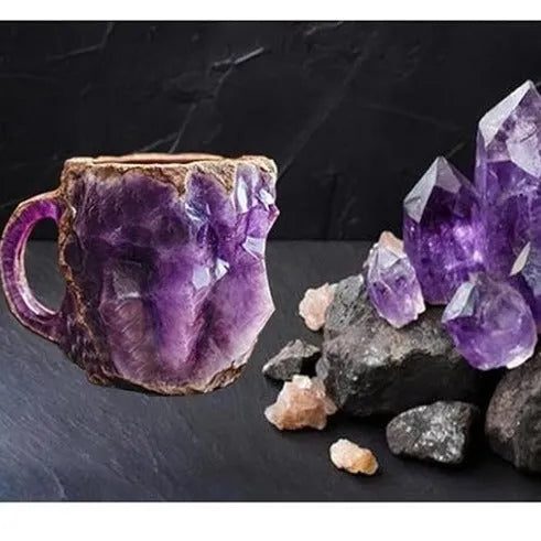 Resin mineral crystal coffee mug with handle in purple colour showing transparent construction