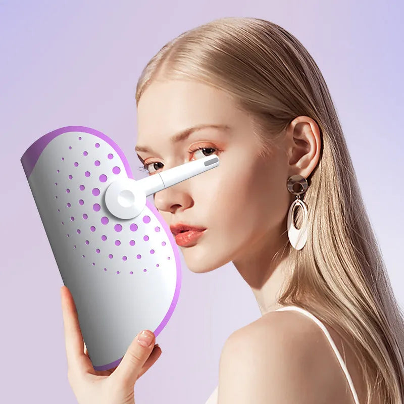 White and purple photon beauty mask with plug-in power cord for home light therapy treatments