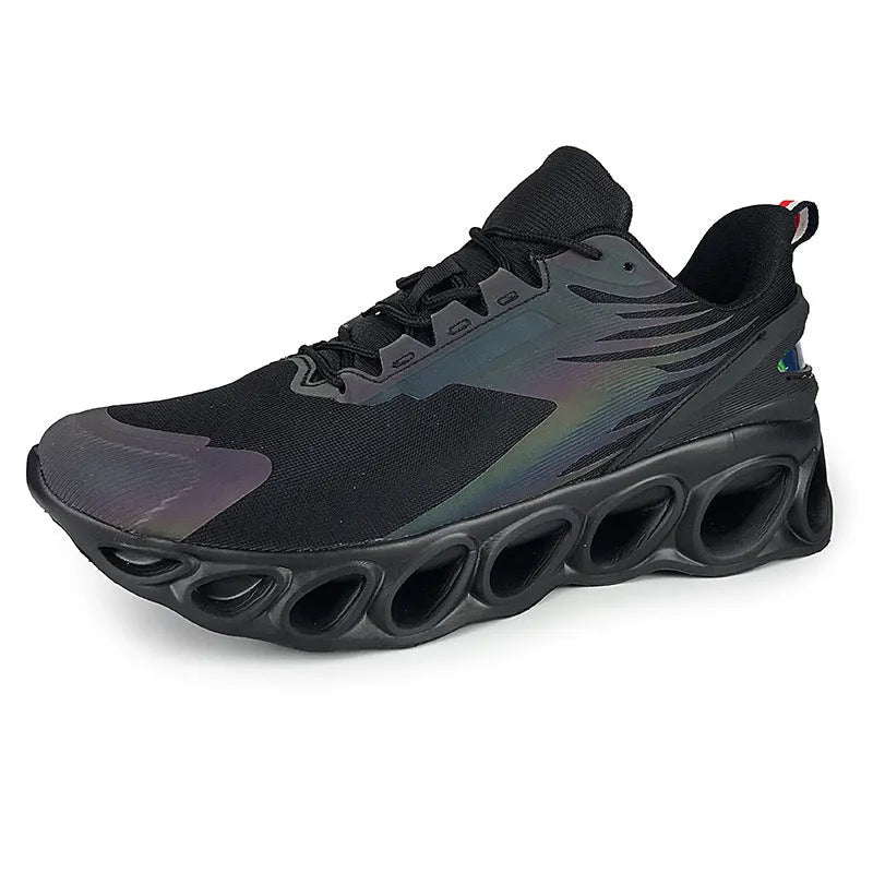 Men's breathable mesh sports shoes with low top design, EVA sole, and lace-up closure in black, white, or dark blue colors