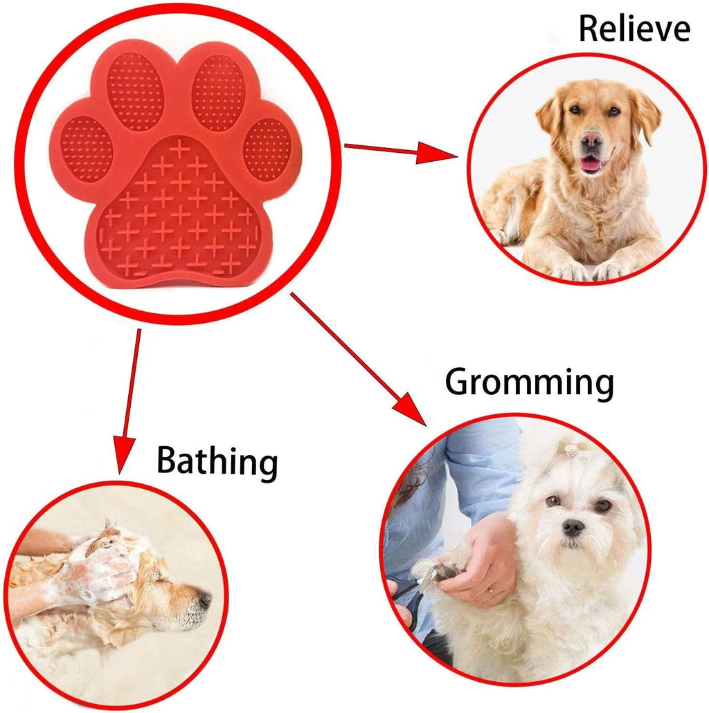 Square blue silicone dog licking mat with bone texture and suction cups on the back.