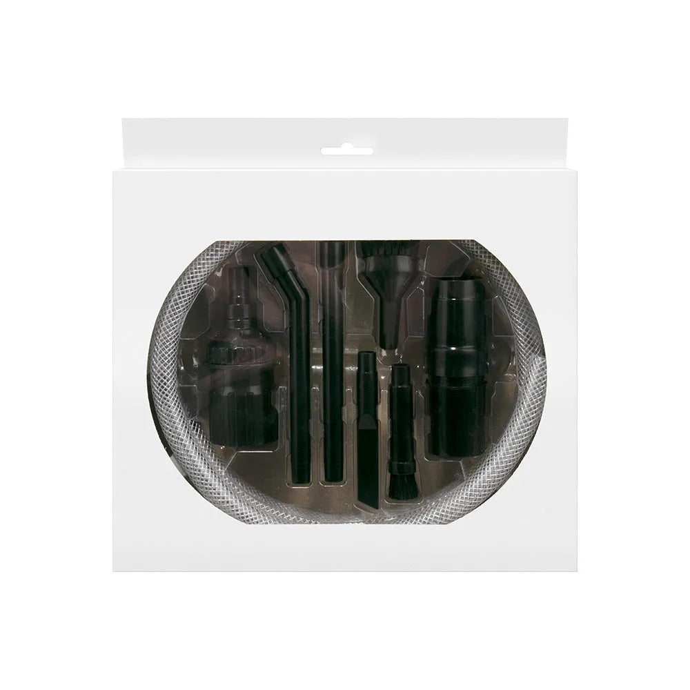 Boxed and bagged options of an eight-piece vacuum cleaner small suction head accessory set.