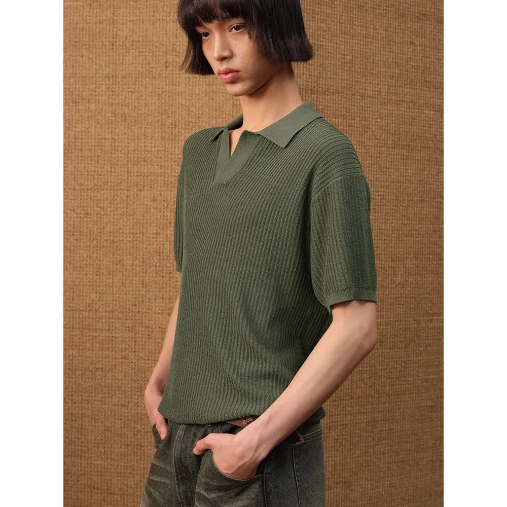 Men's striped polo shirt in ice silk fabric showing loose fit and short sleeves in creamy-white colour