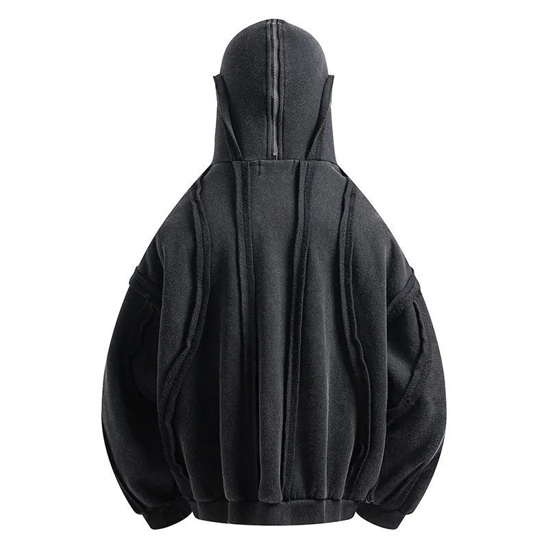 Black cotton hooded coat with zip front, abstract pattern and loose fit