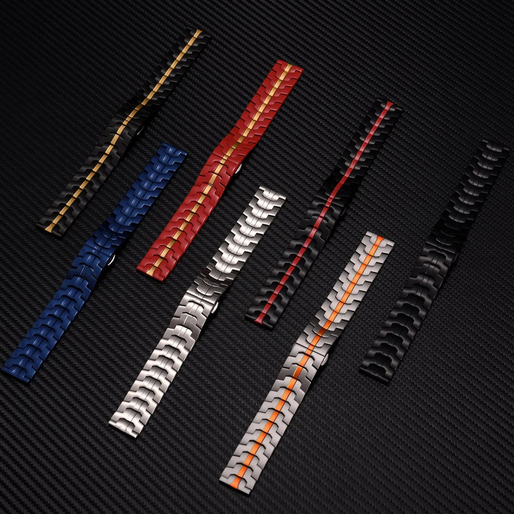 Stainless steel watch band for Samsung Watch 7 6 5 in silver and black colour options.