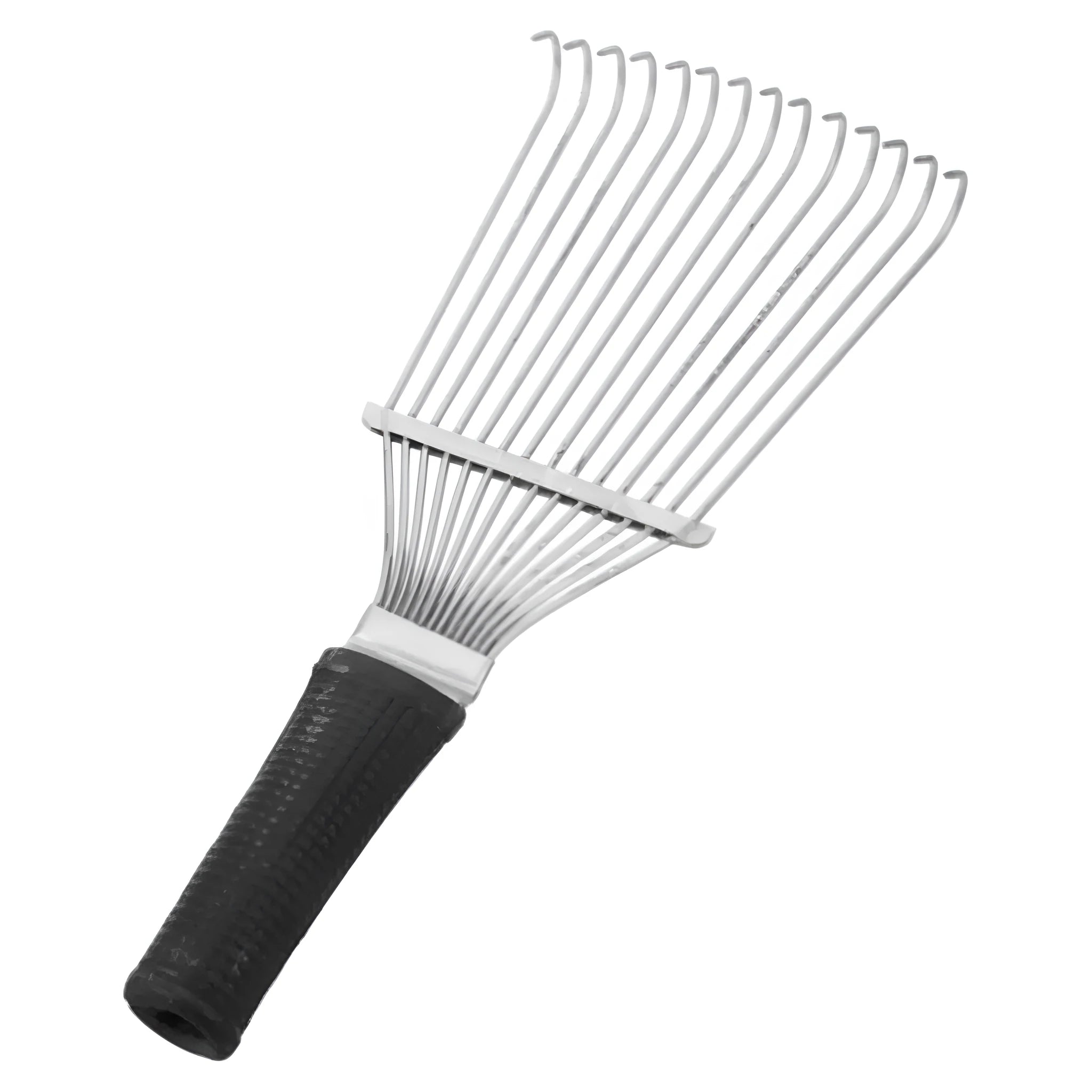 Black stainless steel pet grooming rake comb with metal teeth for horse, dog, and cattle grooming.