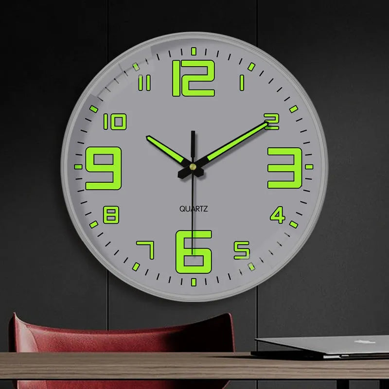 20cm modern luminous wall clock with plastic shell on a wall.