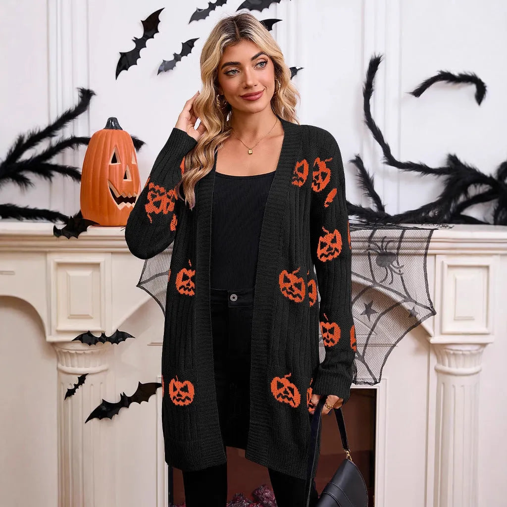 Women's black Halloween cardigan with orange pumpkin head jacquard knit pattern, straight cut with regular sleeves