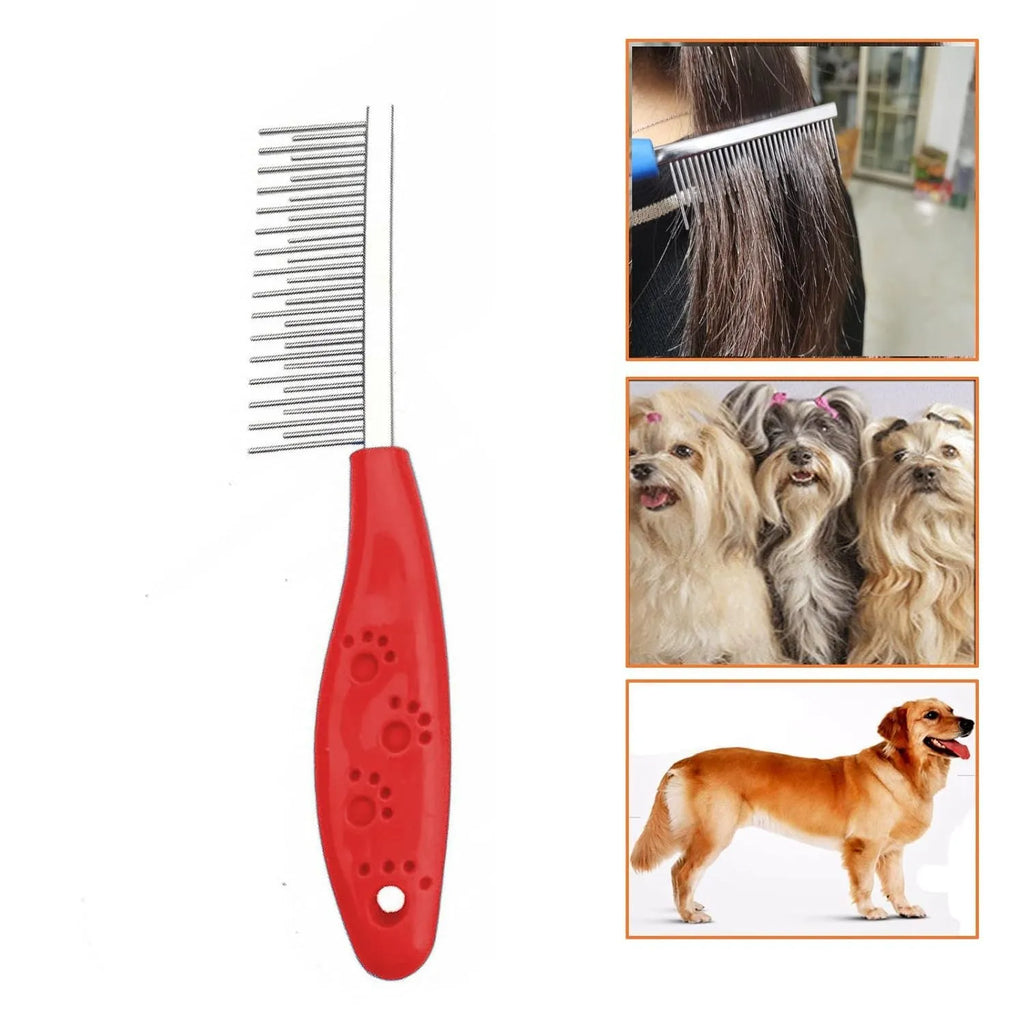 Red pet grooming comb with stainless steel short and long teeth and a plastic handle for removing knots and tangles.