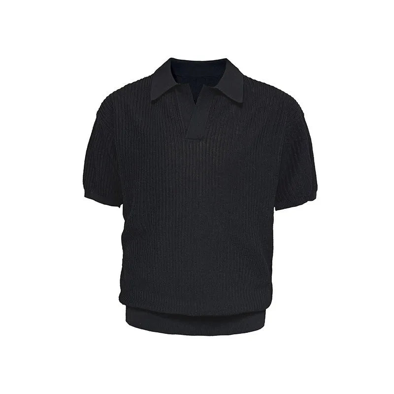 Men's striped polo shirt in ice silk fabric showing loose fit and short sleeves in creamy-white colour
