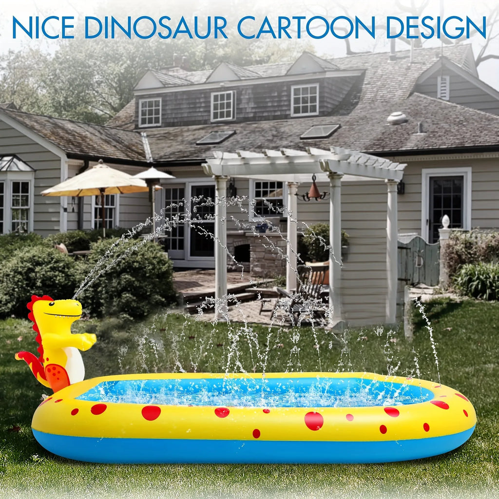 Blue dinosaur and shark inflatable water spray pool for kids outdoor play