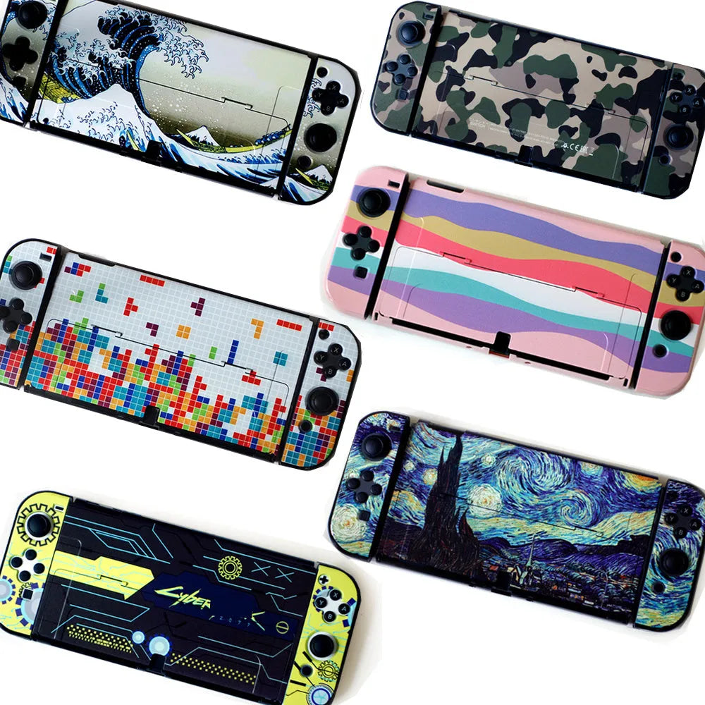 Clear Nintendo Switch OLED hard protective case with cartoon pattern design showing analogue stick caps.
