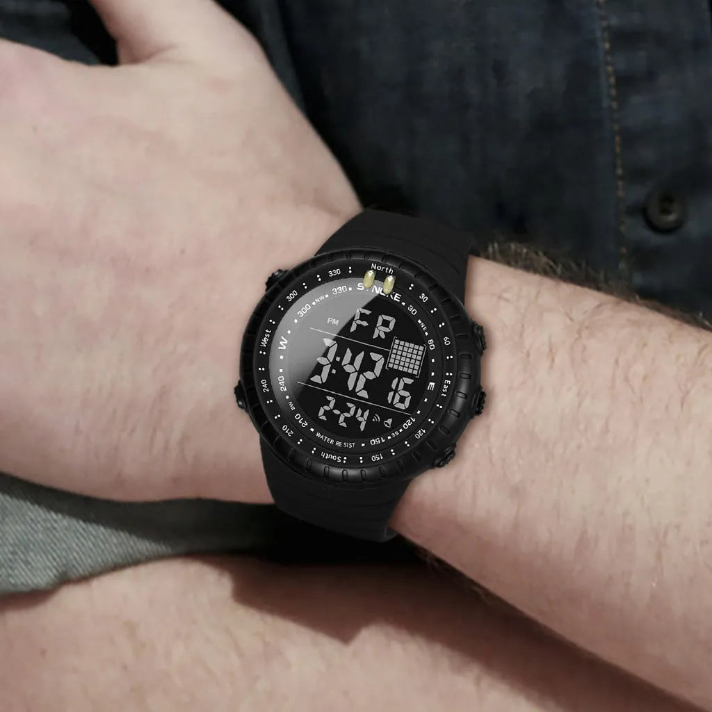 Black men's digital waterproof watch with plastic case and adjustable PU strap