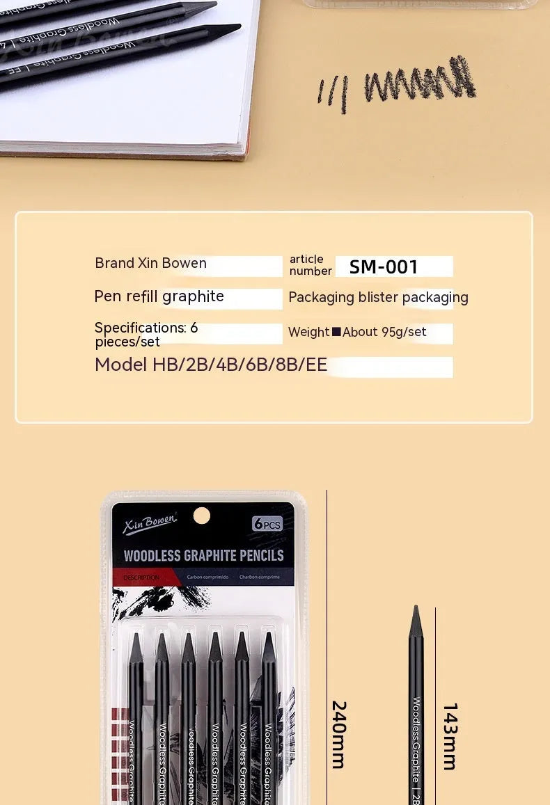 Set of wood-free graphite sketching pencils showing six different hardness grades including HB 2B 4B 6B 8B and EE