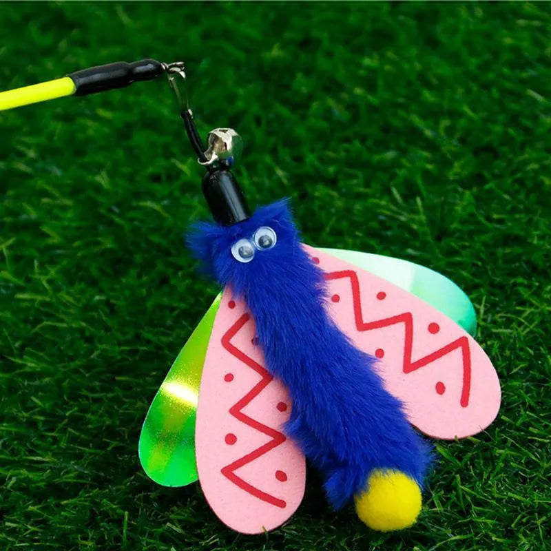 Blue cat wand toy with dragonfly attachment and bell on 49cm extendable stick