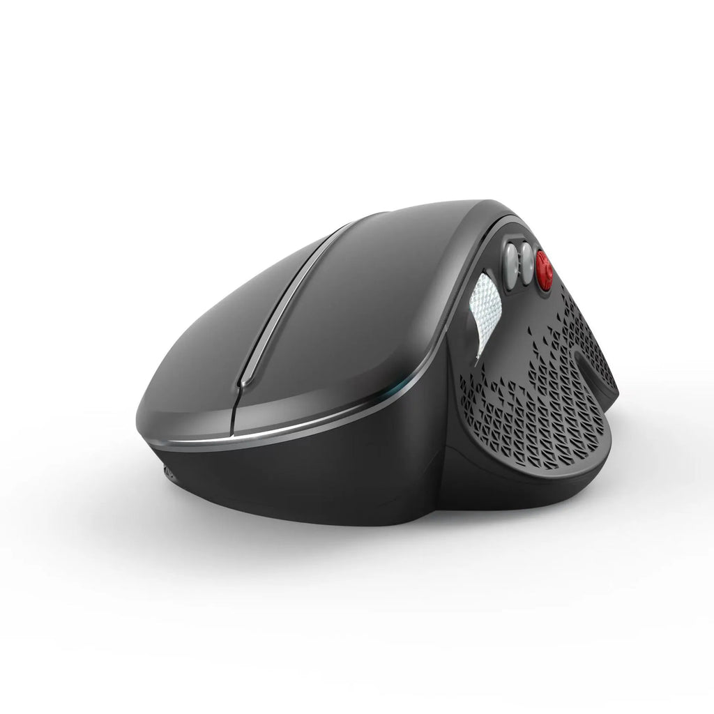 T32 black and silver wireless vertical ergonomic mouse with aluminium side roller on desk.