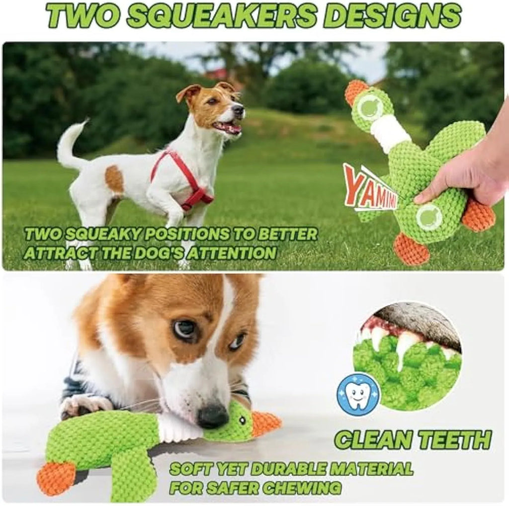 Blue, green or grey duck-shaped dog plush toy with squeakers, measuring 33 cm