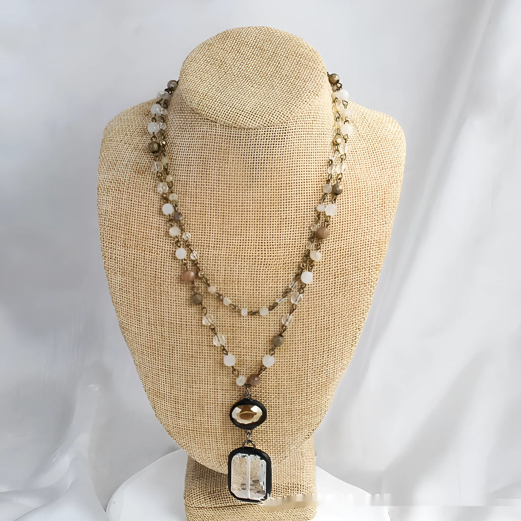 Tribal style adjustable necklace with stone and glass pendants in 2-layer design