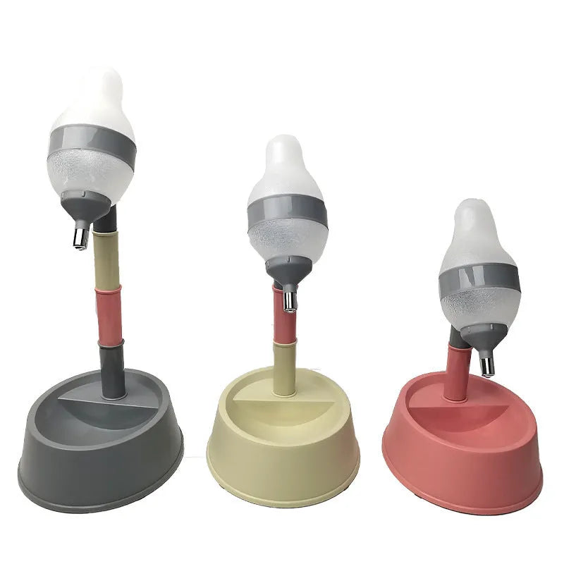 Grey adjustable height pet water dispenser with detachable pole and separate bowl on a wooden floor.