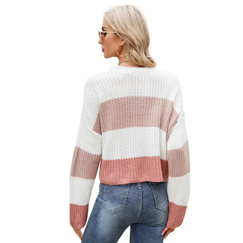 Women's short striped loose pullover jumper in acrylic fabric on hanger