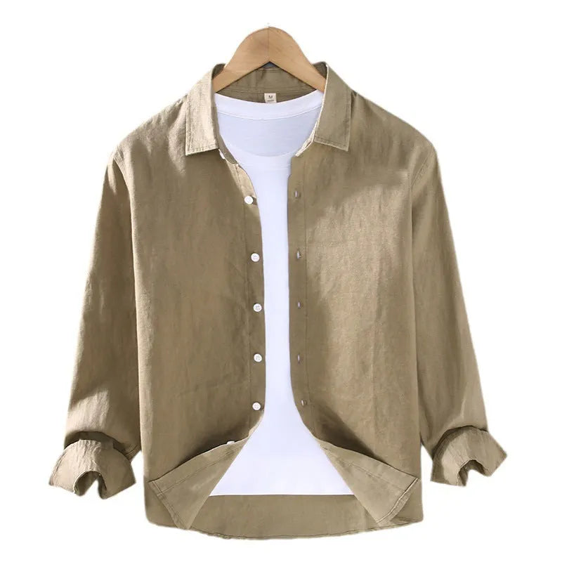 Men's pure linen long sleeve shirt in cardigan style showing solid colour options