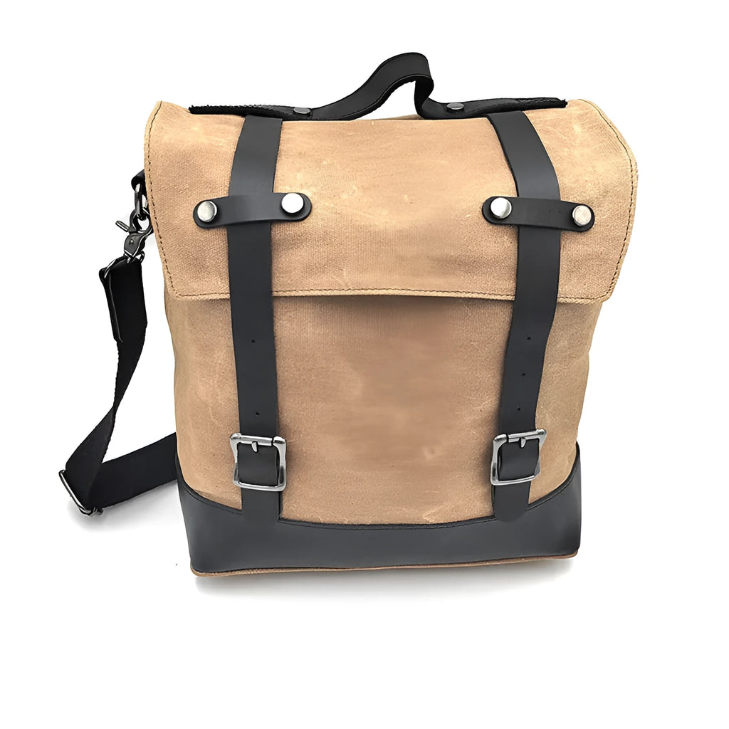 Waterproof canvas motorcycle side pannier bag with cowhide reinforcement in black colour
