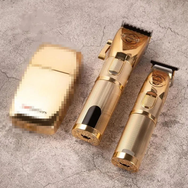 Gold coloured cordless hair clipper with dual charging system and 25W motor power