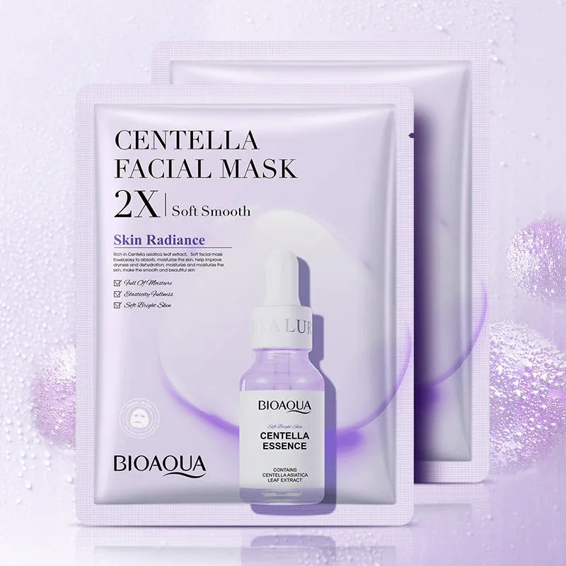 Single-use facial sheet mask with gel serum, shown in Centella, Collagen, Hyaluronic Acid or Vitamin C variants.