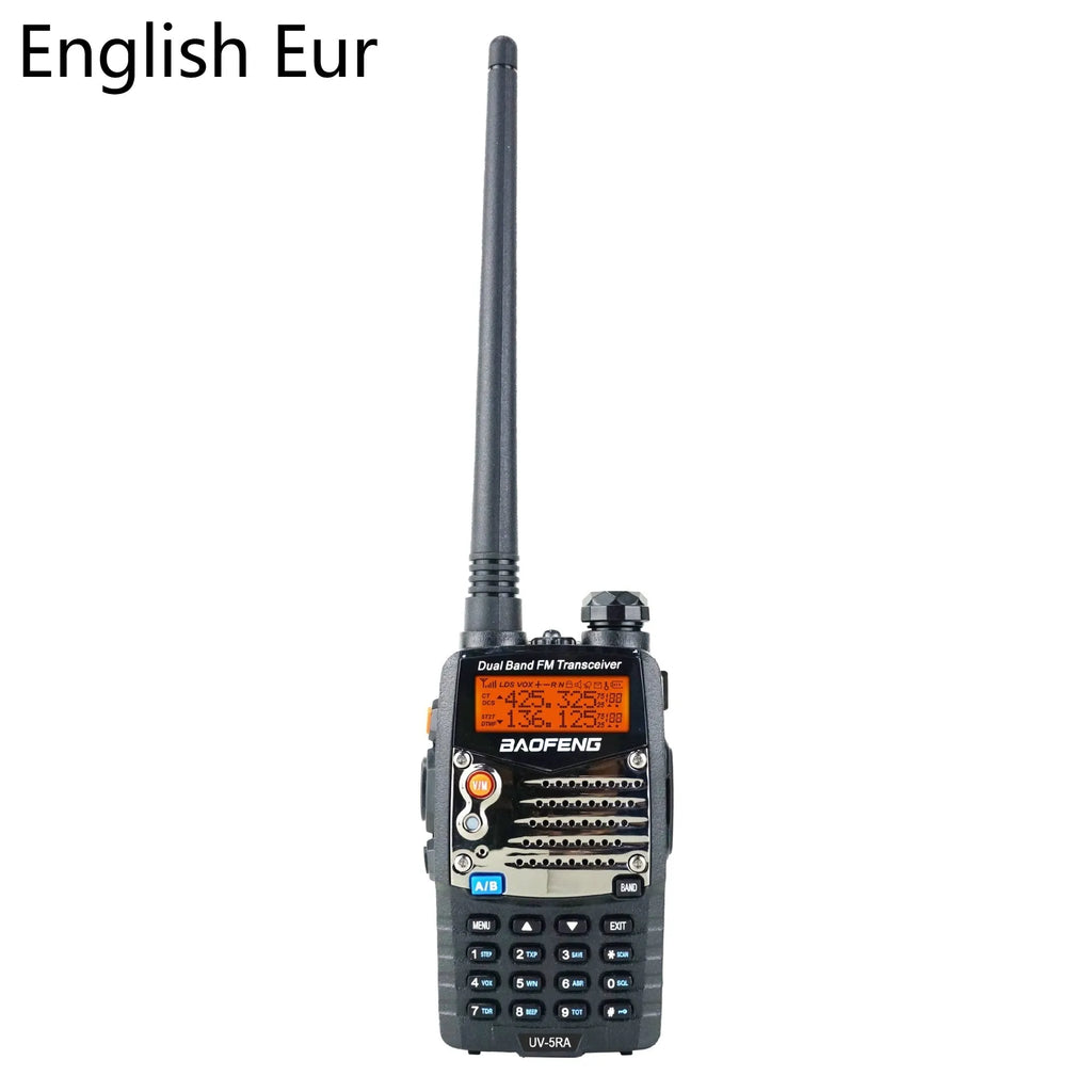 Baofeng UV-5RA handheld dual-band walkie-talkie radio with display screen and antenna.