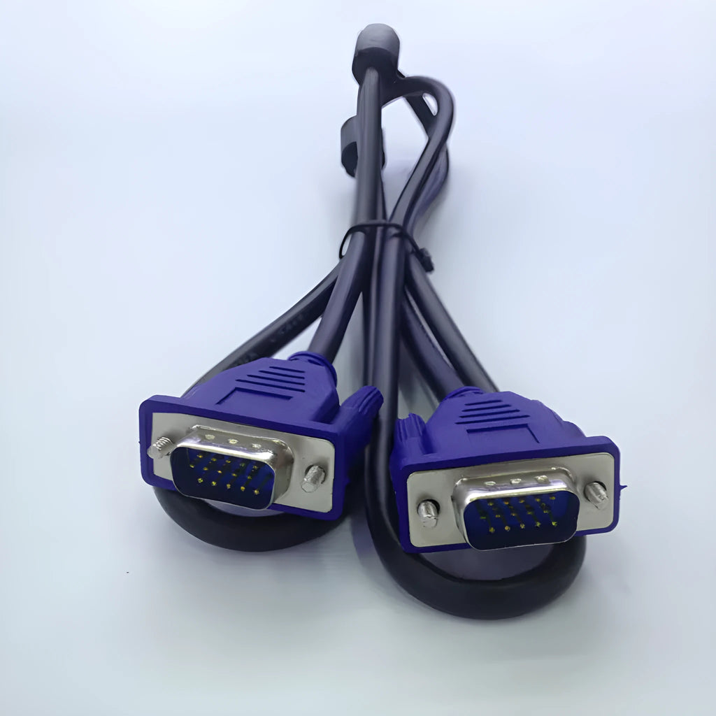 Black 1.5 metre VGA computer monitor cable with blue moulded connectors and nickel-plated terminals