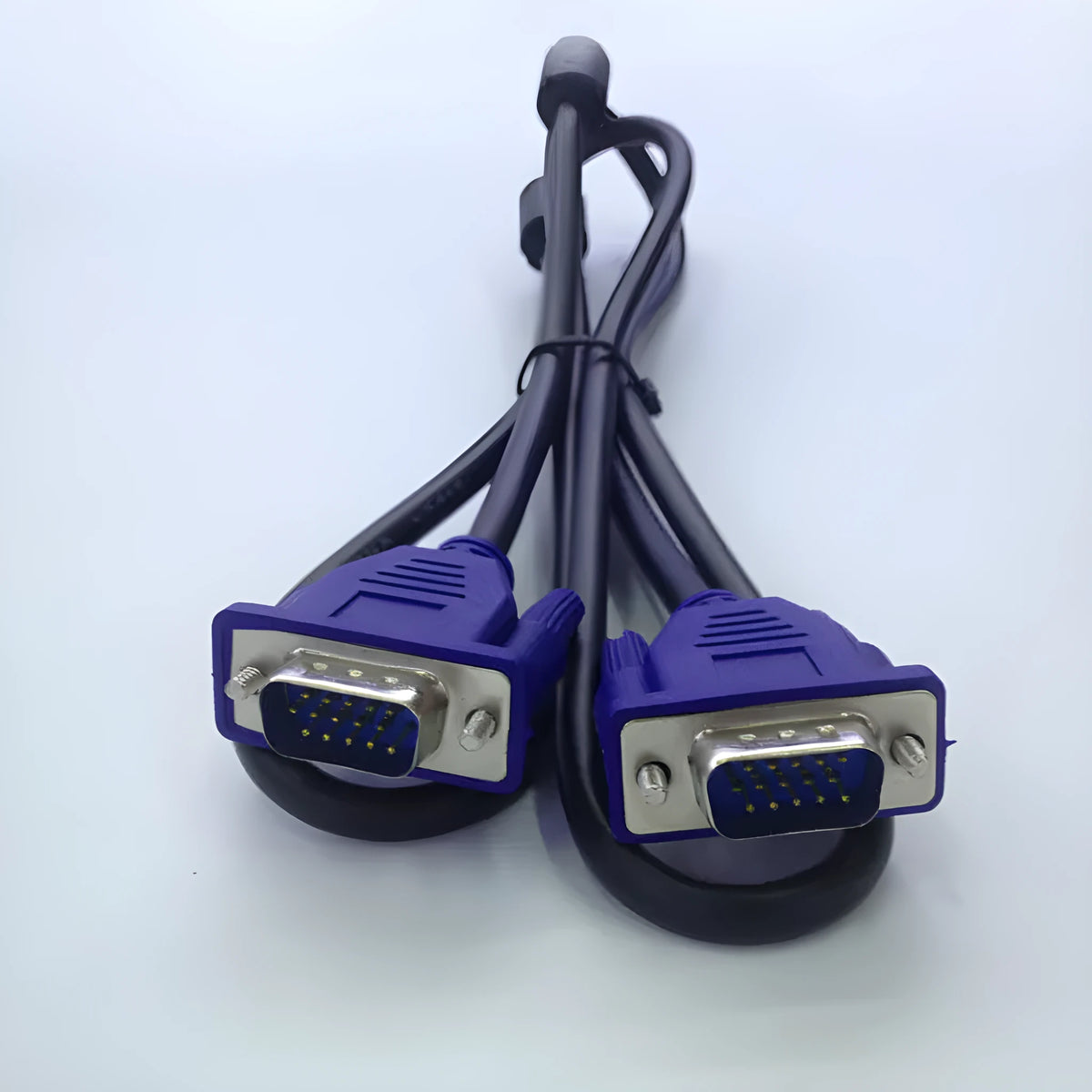 Black 1.5 metre VGA computer monitor cable with blue moulded connectors and nickel-plated terminals